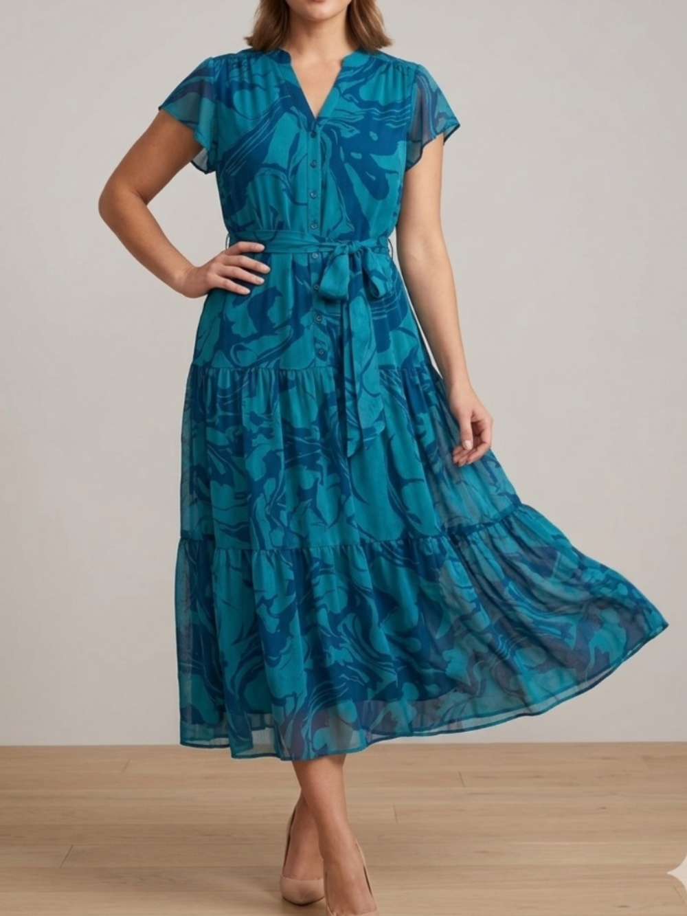 Taylor Dress Mid Length Short Flutter Sleeve Belted Tiered Blue Print Button Up